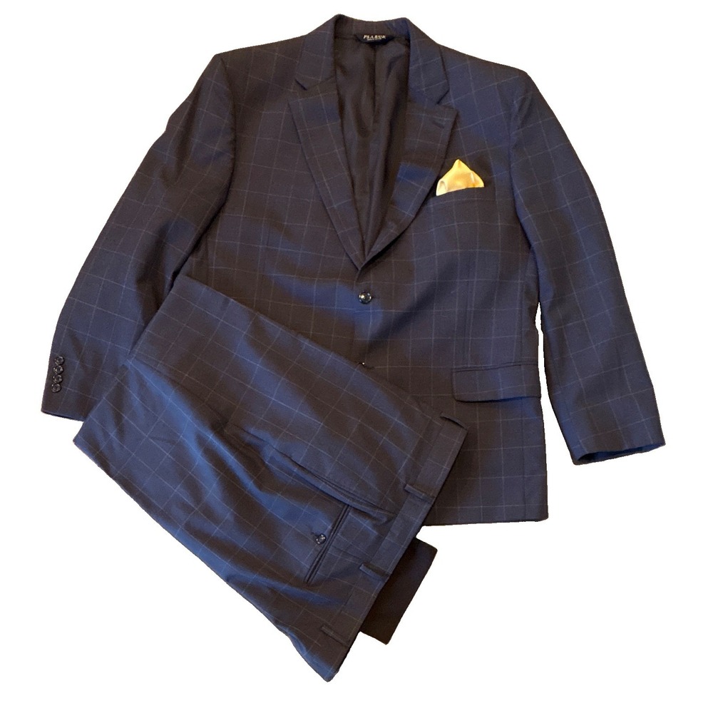 Jos. A. Bank Men's Blue 100% Wool Windowpane 2-Piece Suit Size 48 Regular